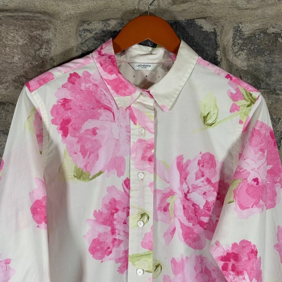 Liz Claiborne Floral Button Up Shirt XL Pink White Cotton Blend Casual Top Work - Picture 2 of 12